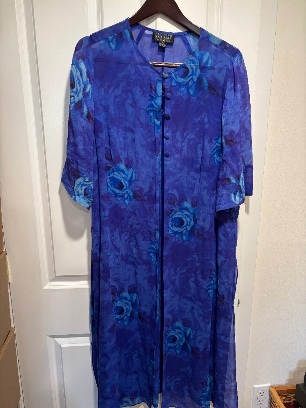 Silk blue sleeveless dress with sheer cover, size 18